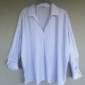 Adolfo Dodriguez Tunic Top Women XL Blue Striped Popover Coastal Resort Nautical